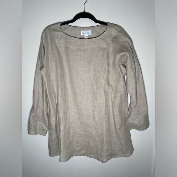 CHARLOTTE KELLOGG Palm Beach Margot Tunic Top Blouse 100% Linen Tunic Khaki Sz M - Picture 2 of 9